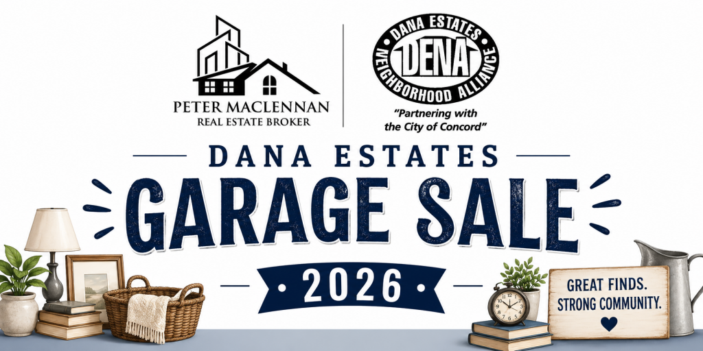 Dana Estates Garage Sale 2026 header image with logo for Peter Maclennan real estate broker and DENA logo.
